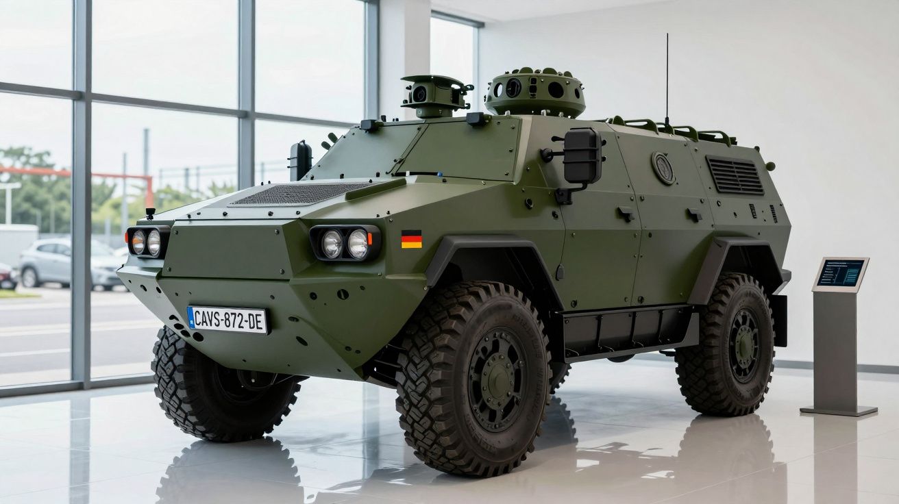 Veículo blindado militar verde exposto em ambiente interior com janelas amplas e chão refletor.