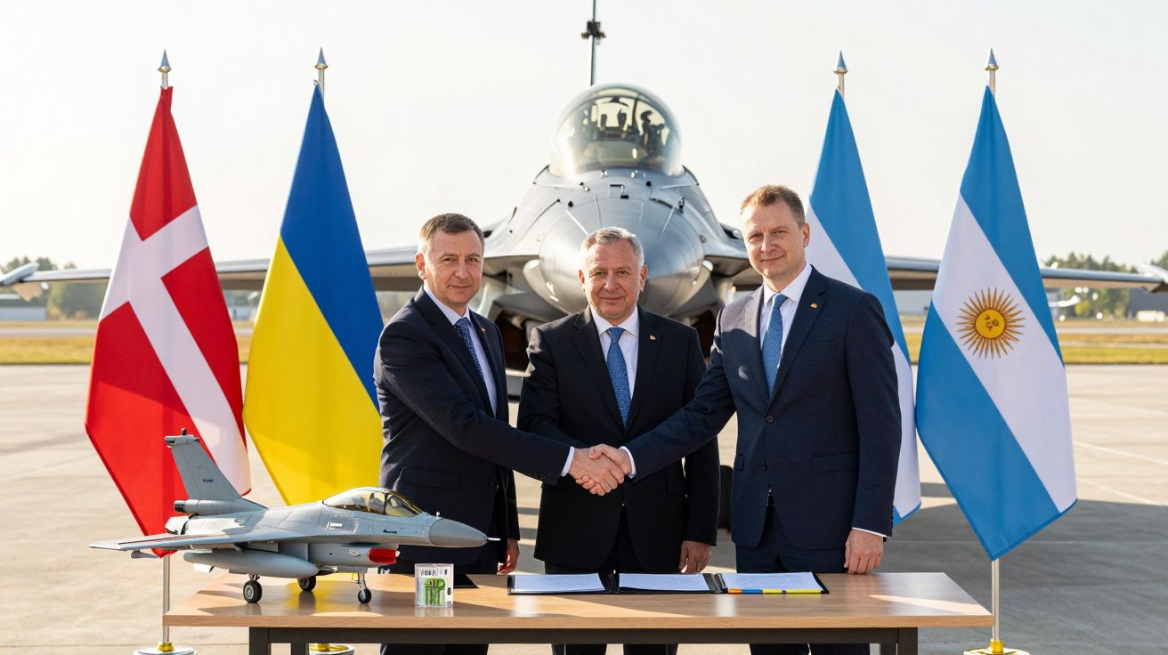 Três homens de fato apertam as mãos em frente a jato militar e mesa com modelos, rodeados por bandeiras da Dinamarca, Ucrânia