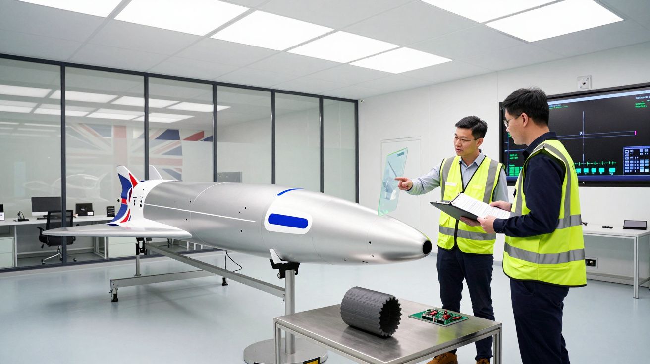 Dois engenheiros em coletes refletores analisam modelo aerodinâmico em laboratório de teste tecnológico.