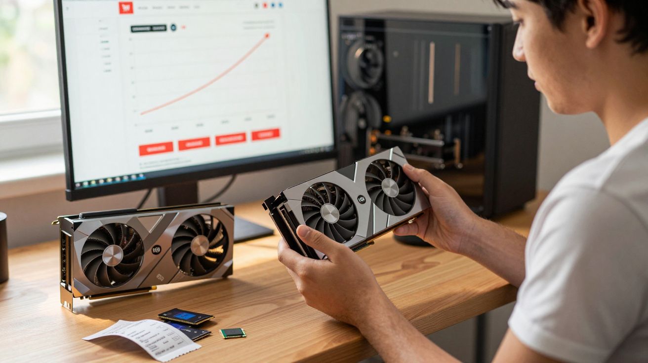 Pessoa a segurar placa gráfica frente a computador com gráfico de crescimento no ecrã e componentes eletrónicos na mesa.