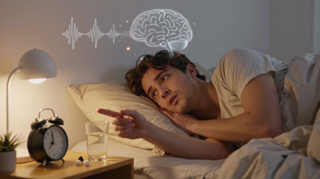 Homem deitado na cama, com expressão pensativa e cérebro ilustrado acima da cabeça a emitir ondas cerebrais.