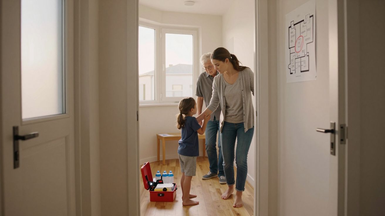 Criança com mochila cumprimenta uma mulher num corredor de casa com homem ao fundo.