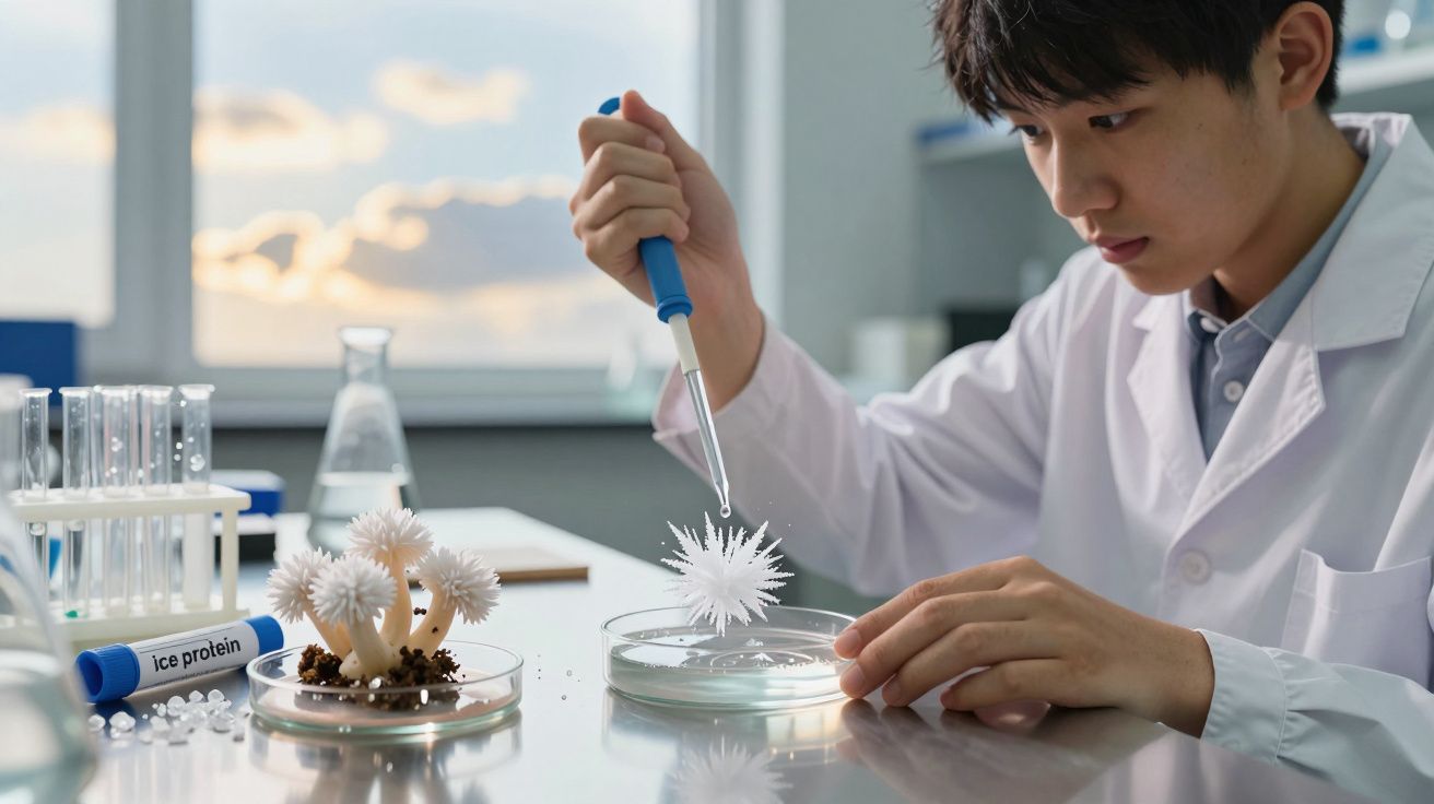 Jovem cientista em laboratório manipula amostra branca em placa de petri com pipeta azul.