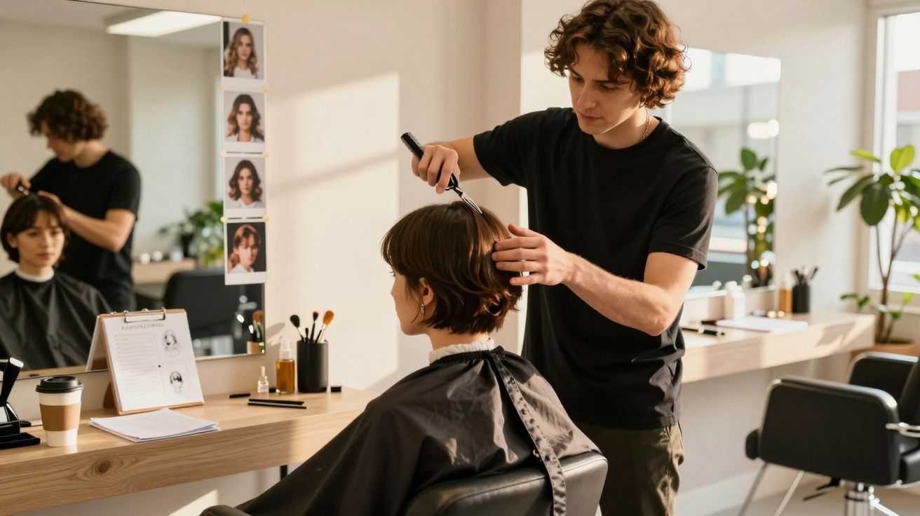 Cabeleireiro a cortar cabelo de cliente mulher com cabelo curto num salão iluminado e moderno.
