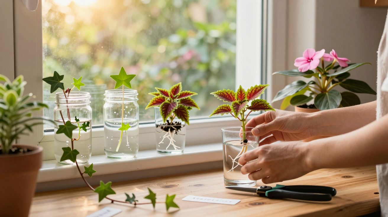 Mãos colocam plantas com raízes em copos com água numa janela iluminada, rodeadas de outras plantas e ferramentas.