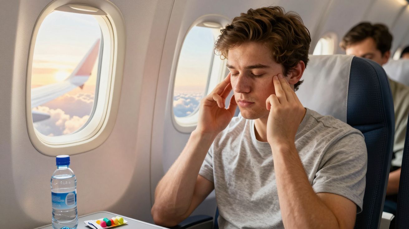 Jovem sentado num avião com os olhos fechados, massajando as têmporas, com comprimidos e garrafa de água na mesa.