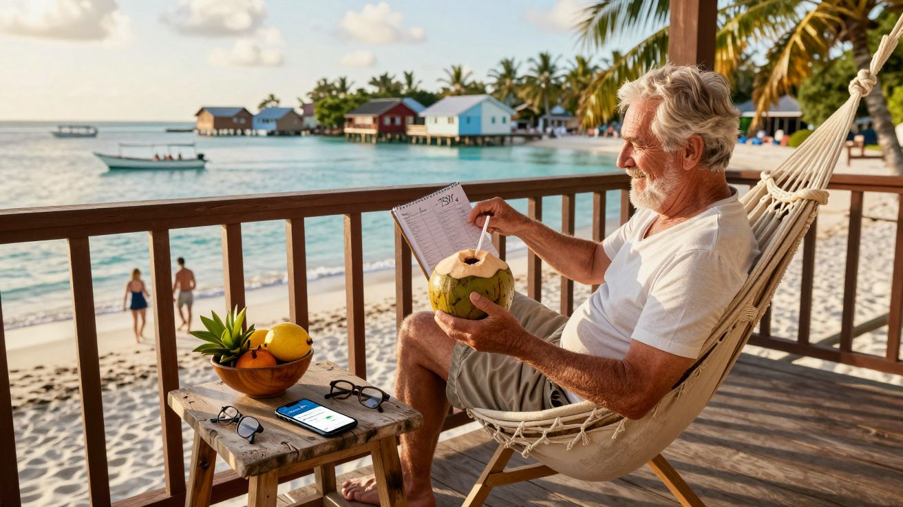 Homem idoso sentado numa rede na varanda, segurando coco e lendo um caderno com vista para a praia e casas na água.