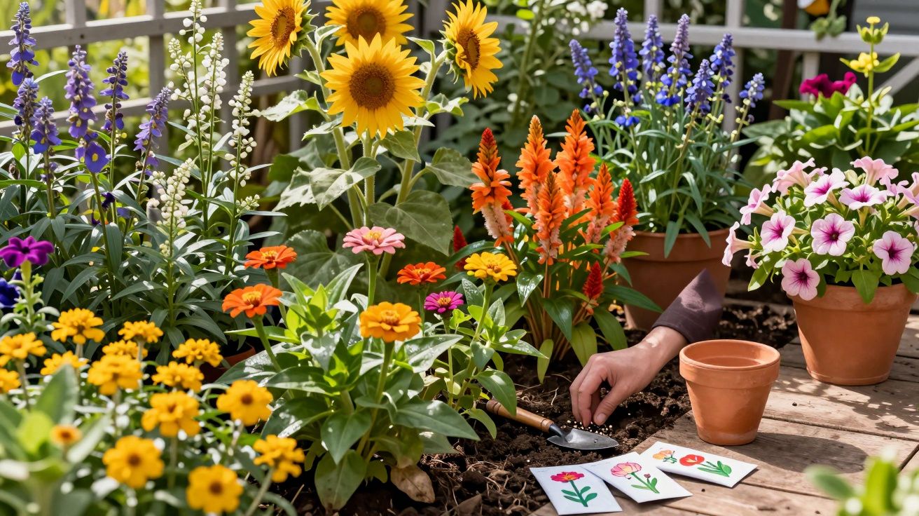 Mãos a plantar flores coloridas numa varanda com girassóis, malvas e outras flores em vaso e canteiro.