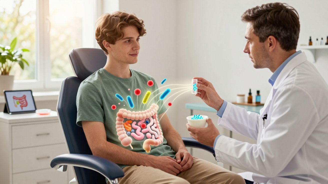 Médico administra probióticos a jovem sentado, com ilustração do sistema digestivo e bactérias intestinais.