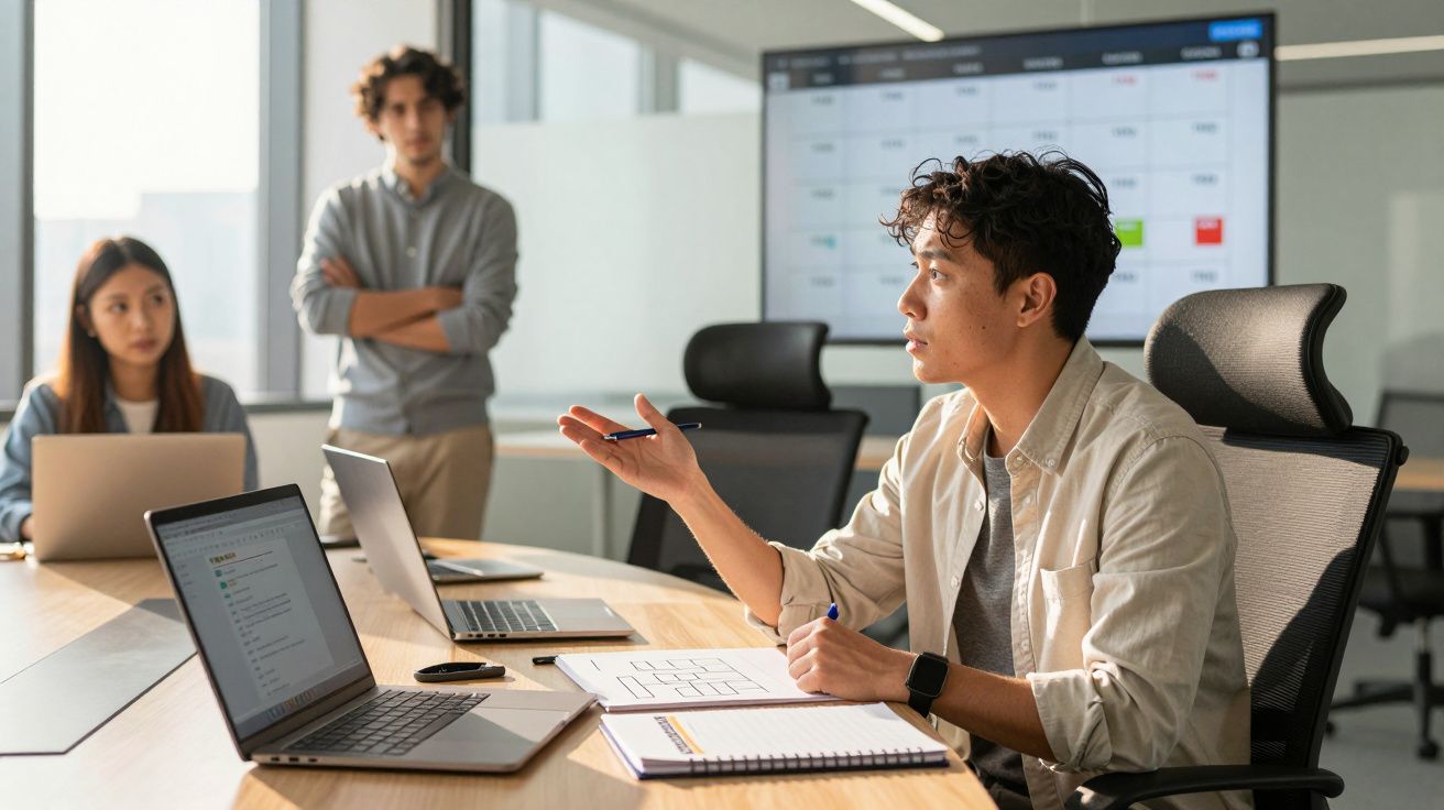 Grupo de jovens em reunião de trabalho com computadores e apresentação digital numa sala moderna.
