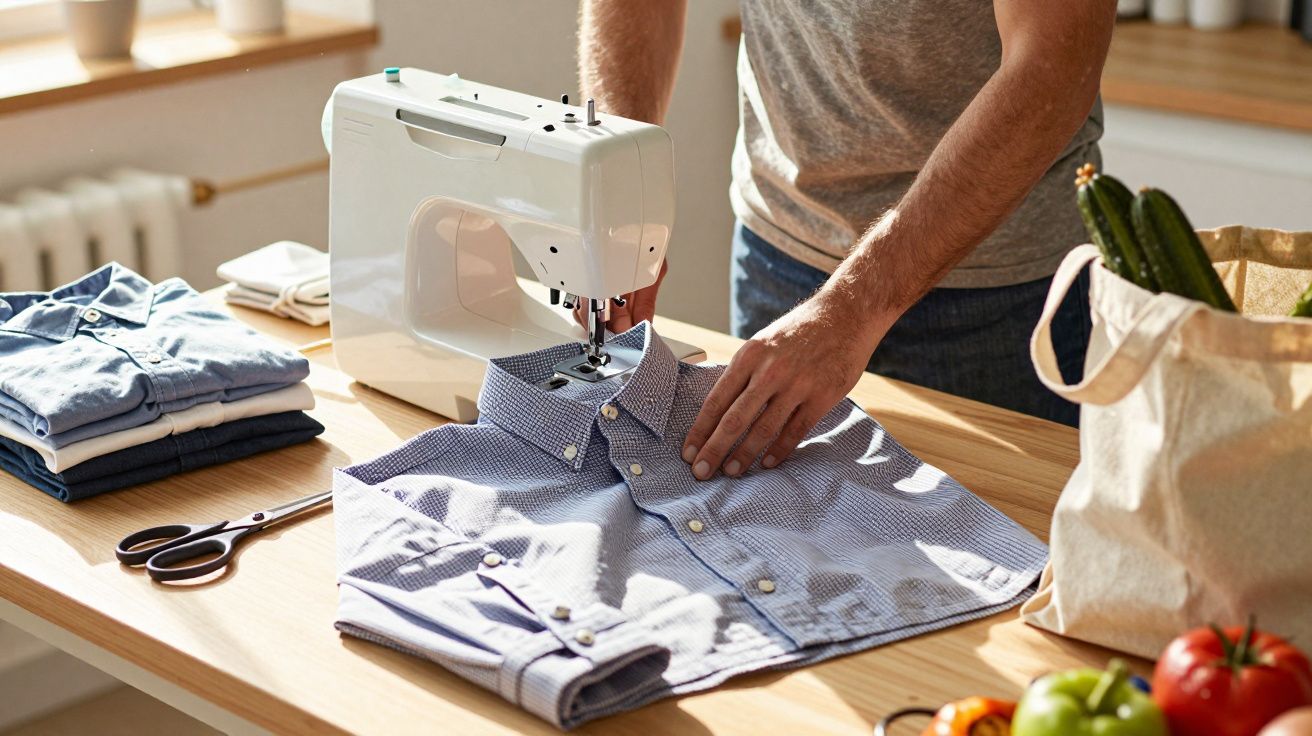 Pessoa a costurar uma camisa azul na máquina de costura sobre uma mesa com frutas e legumes ao lado.