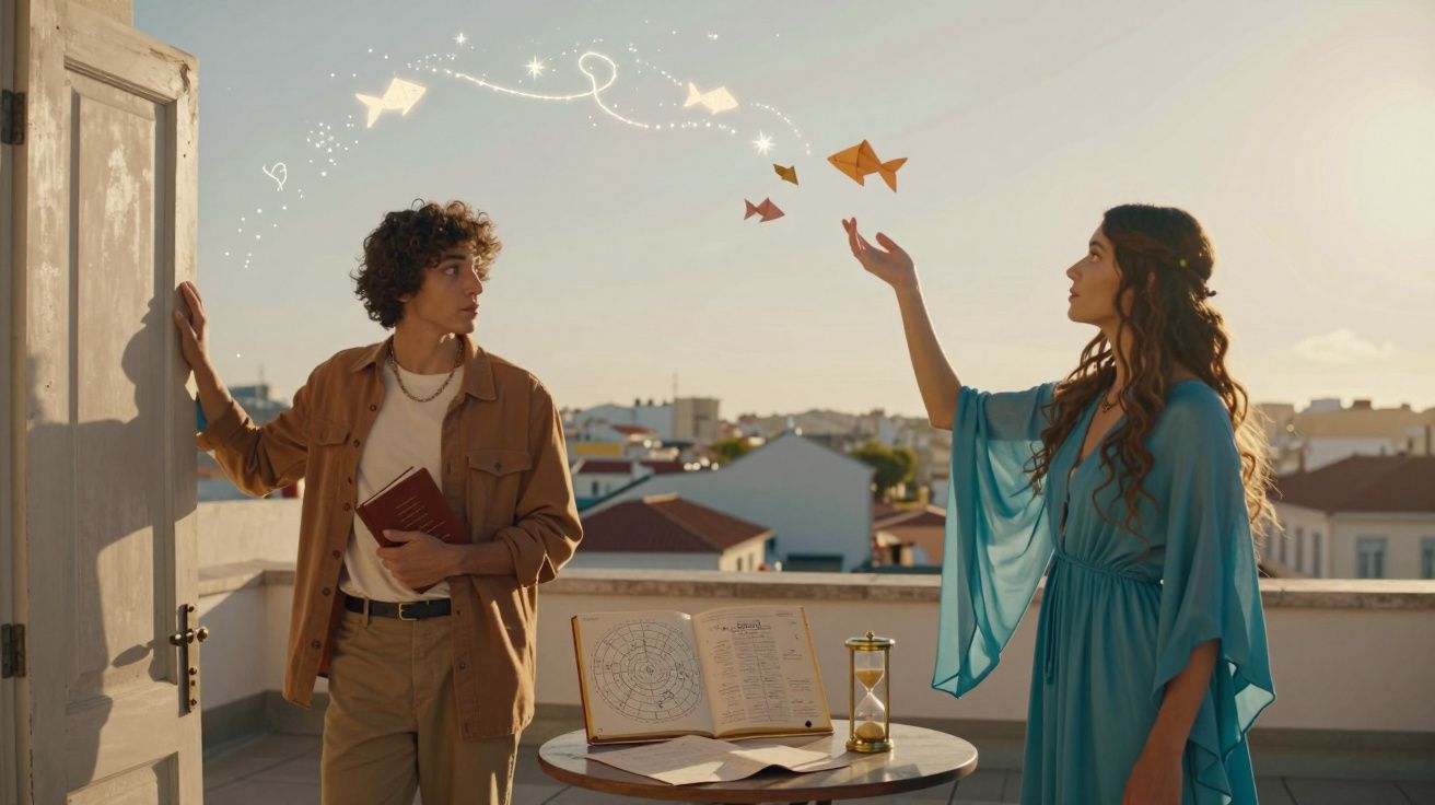 Rapaz e rapariga com livros e pipa origami brilhante num terraço ao pôr do sol.