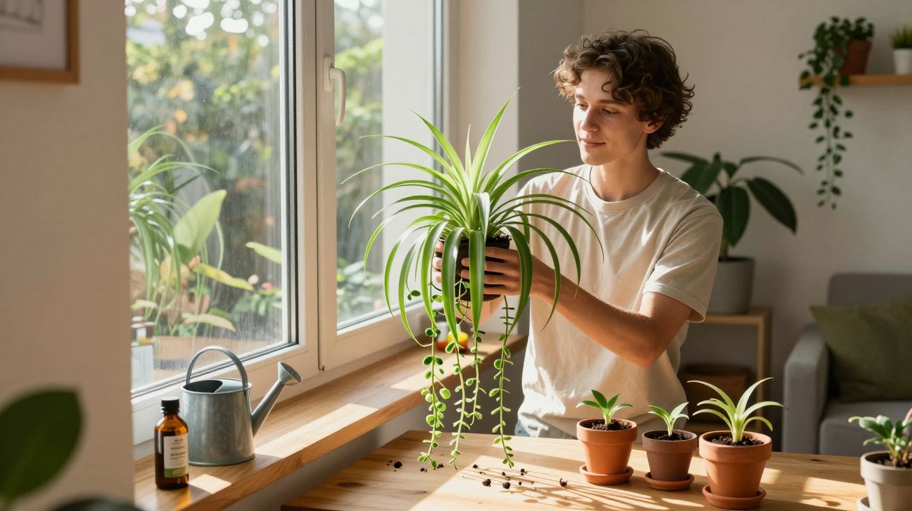 Jovem a cuidar de plantas dentro de casa junto a uma janela amplia com luz natural.
