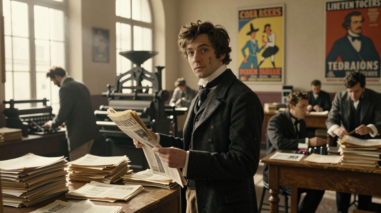 Homem com roupa antiga segura jornal numa sala antiga com várias pilhas de papéis e pessoas a trabalhar.