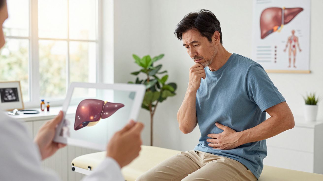 Homem com dor abdominal consulta médico que mostra imagem digital do fígado no consultório.
