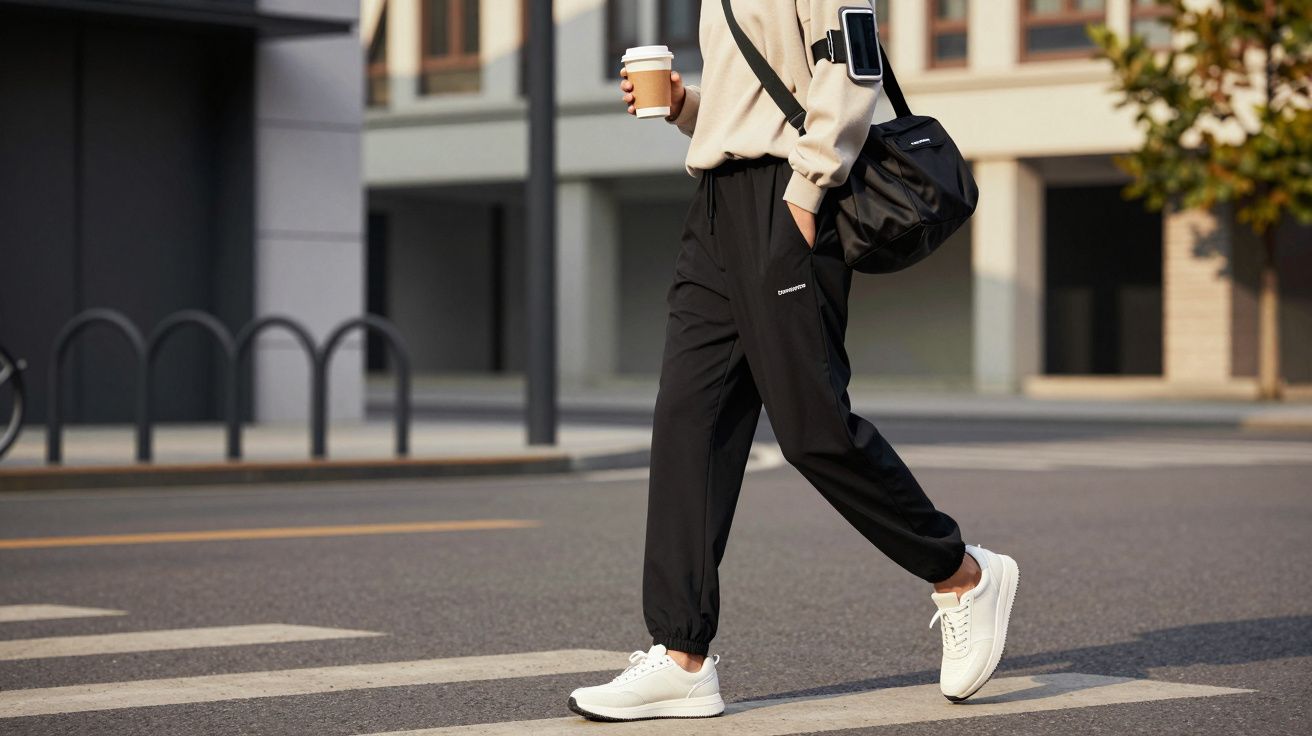 Pessoa a atravessar passadeira, usando calças pretas, ténis brancos e segurando uma chávena de café.