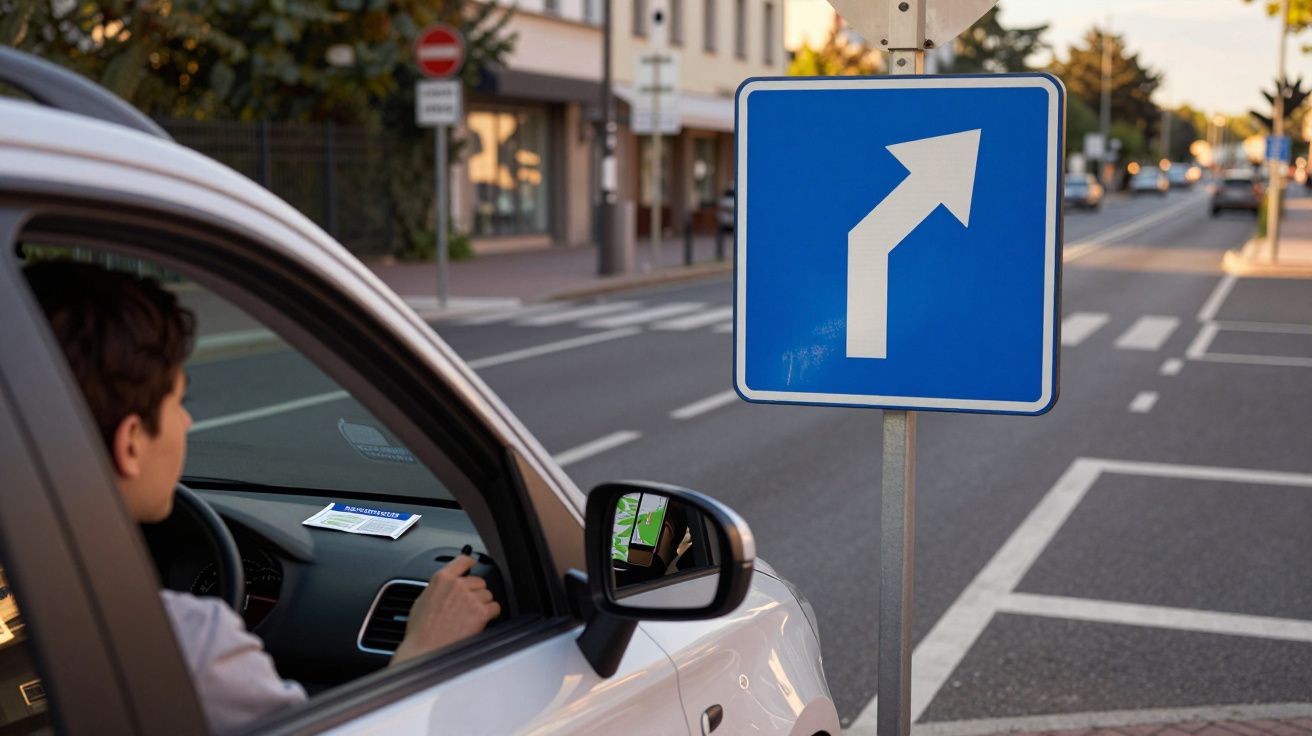 Condutor parado junto a sinal de trânsito azul indicando direção obrigatória à direita numa rua urbana.