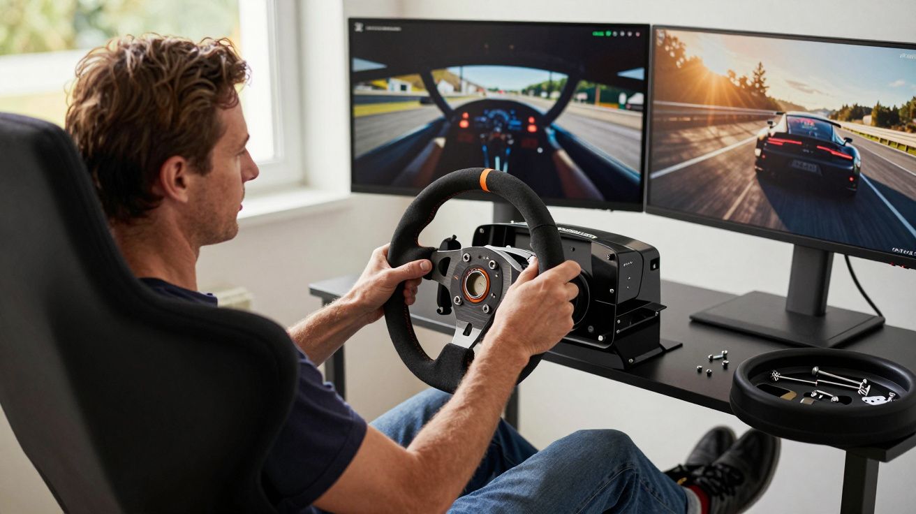 Homem sentado em cadeira a usar volante de simulador de corridas com dois ecrãs à frente.