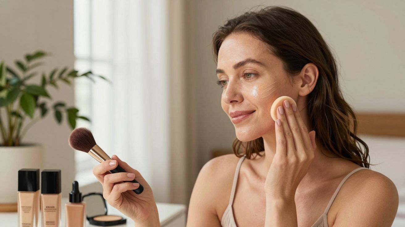 Mulher aplicando base com esponja no rosto, segurando pincel de maquilhagem num quarto bem iluminado.
