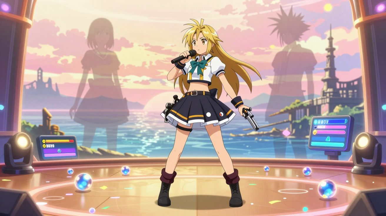 Jovem loira em palco futurista, segurando microfone e pistola, com pôr do sol e sombras ao fundo.