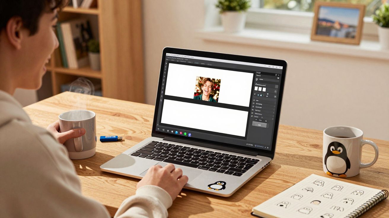 Pessoa a trabalhar num computador portátil com software de edição de imagem, com caneca de pinguim na mesa.