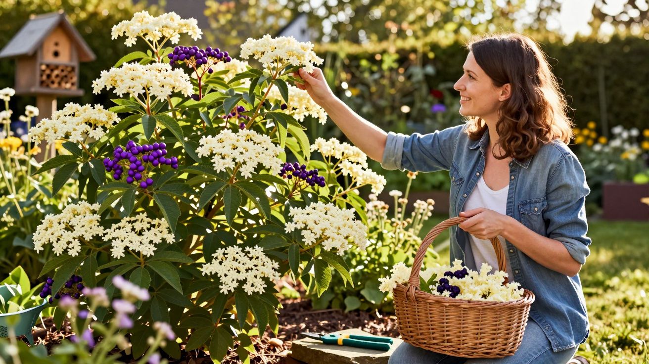 Mulher a colher flores brancas e roxas num jardim, segurando um cesto de vime cheio de flores.