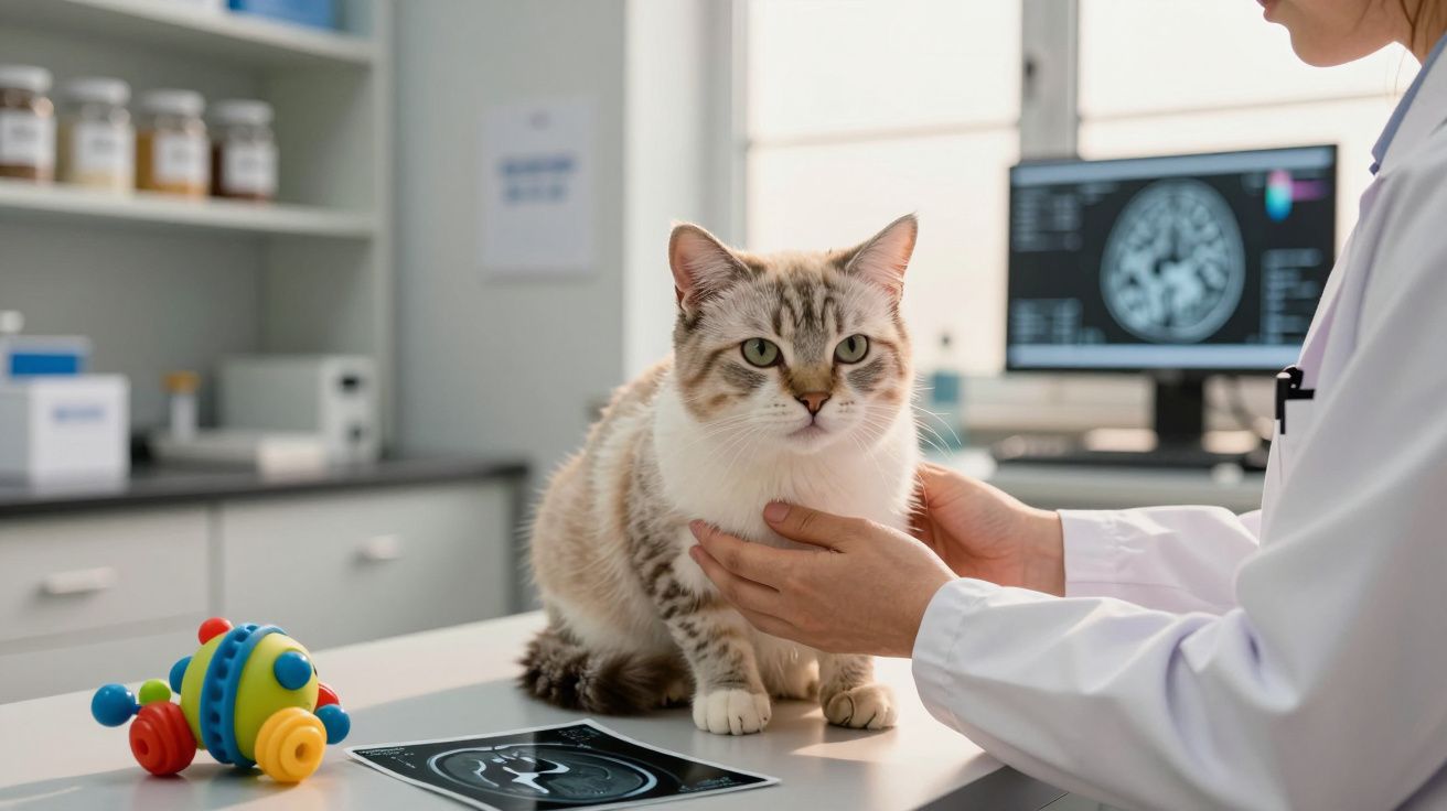 Gato sentado numa mesa de consultório veterinário com profissional a segurá-lo, à frente de exames.