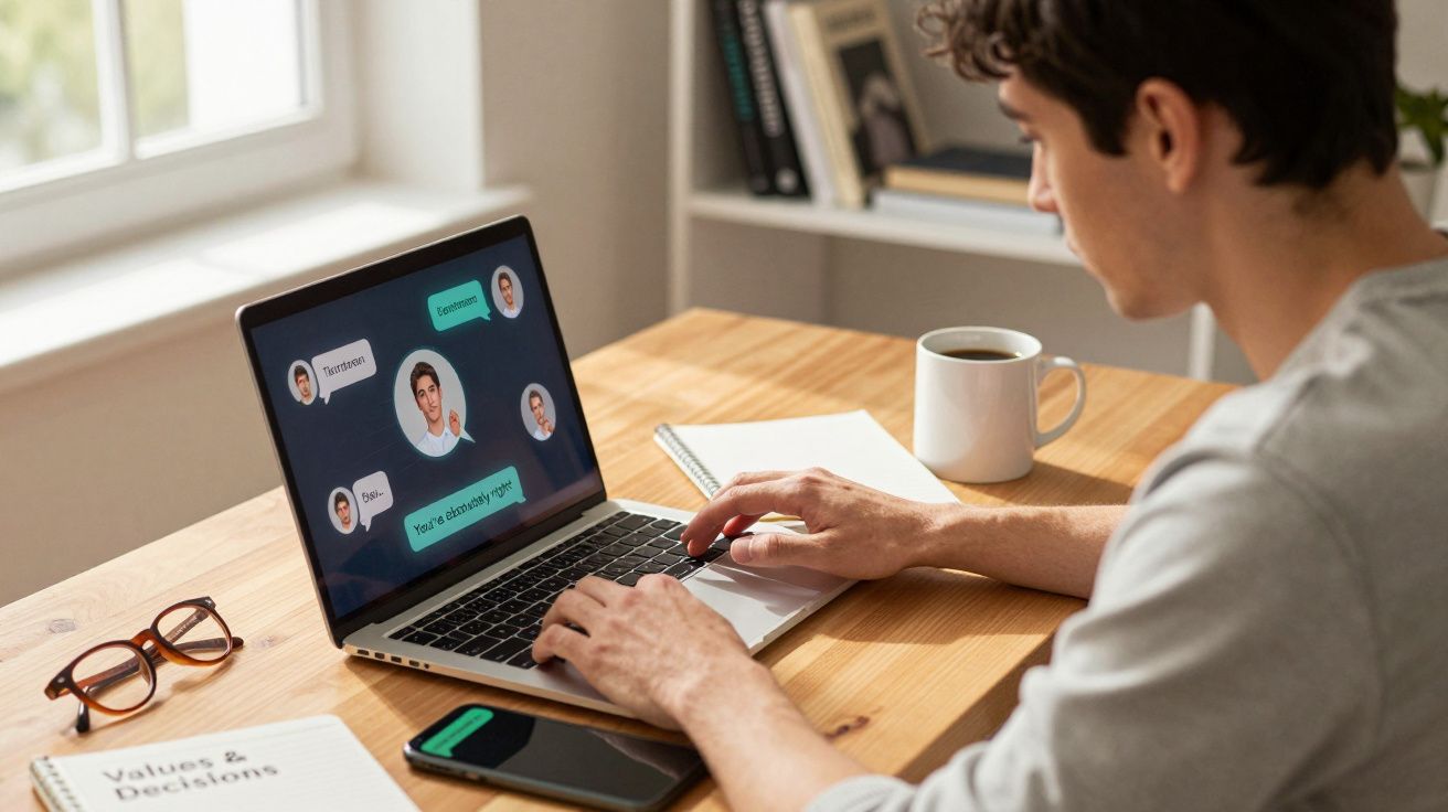 Homem a usar portátil para videoconferência, com telemóvel, caderno e caneca sobre mesa de madeira.