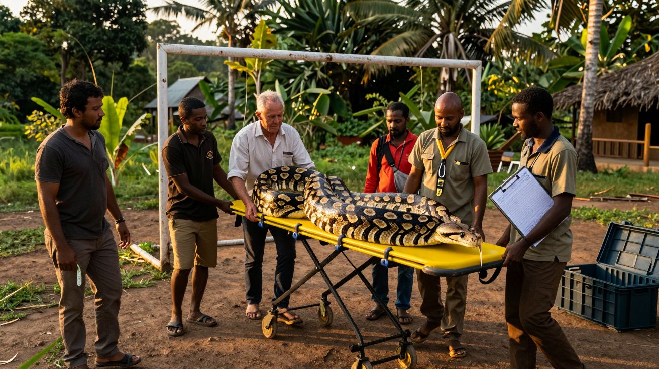 Cinco homens transportam uma grande píton num macas ao ar livre, rodeados por vegetação e edifícios rústicos.