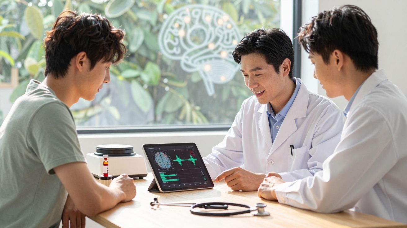 Dois médicos e um paciente analisam resultados de exames cerebrais numa tablet numa consulta médica.