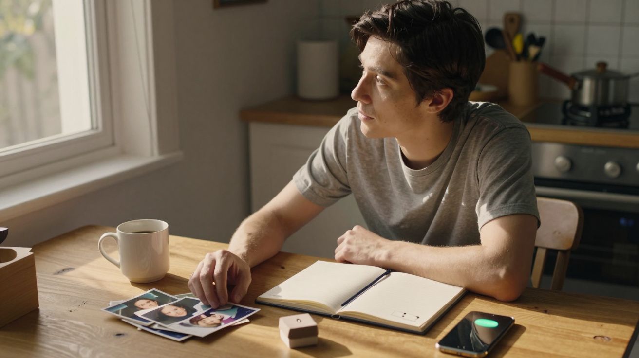 Jovem sentado à mesa com chá, olhando pela janela, com fotografias e caderno à sua frente numa cozinha.