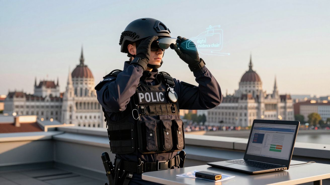 Polícia com equipamento tático usa óculos de realidade aumentada num terraço com computador portátil aberto.