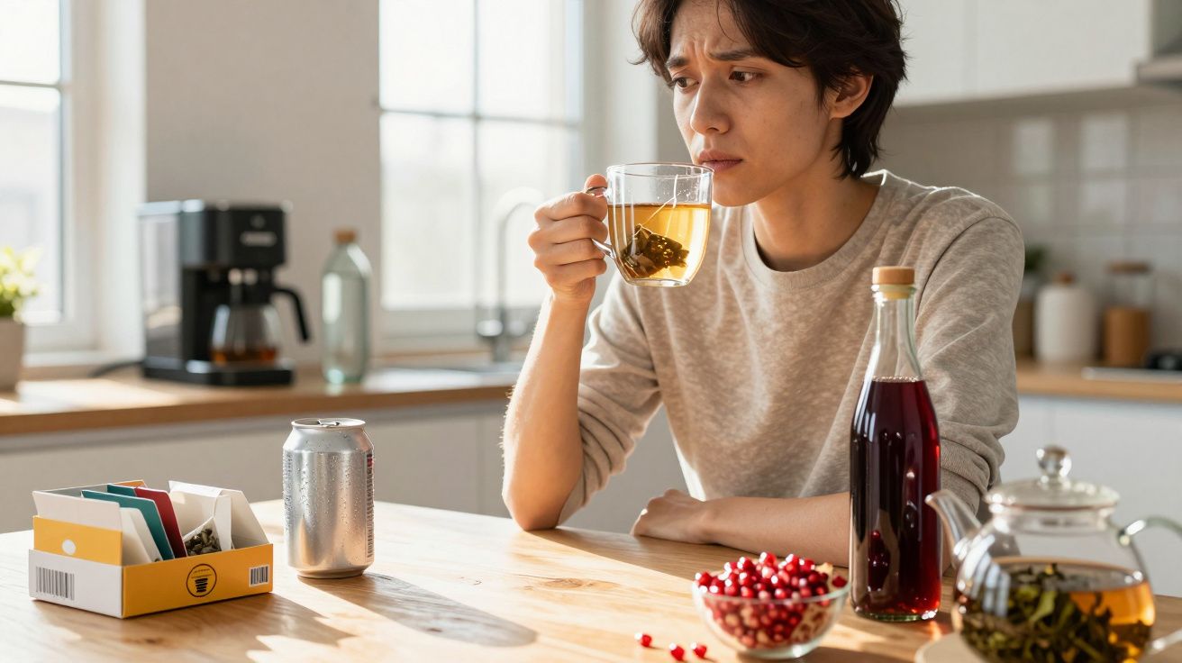 Pessoa a olhar desconfiada para chá numa caneca transparente, numa cozinha iluminada.