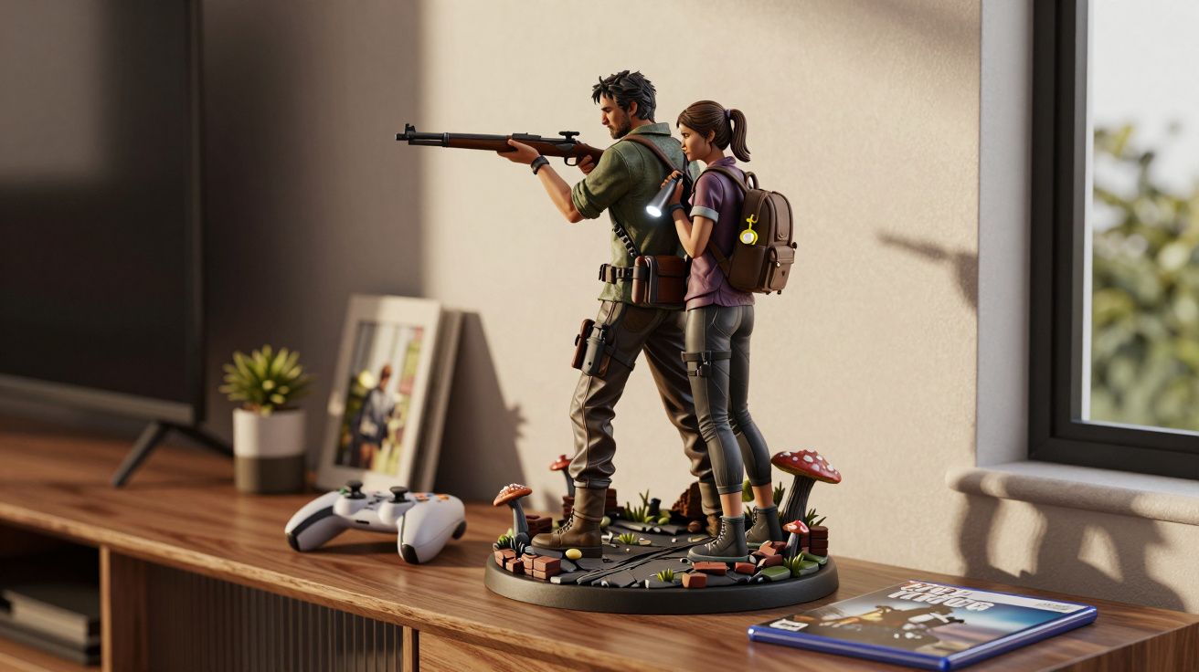 Estatueta de duas personagens, homem armado e mulher com lanterna, numa base decorativa com cogumelos e relva.