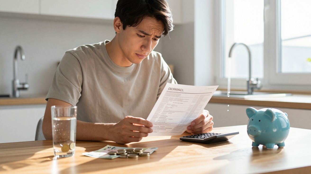Homem preocupado a analisar fatura numa mesa com moedas, jarro de água, calculadora e mealheiro azul.
