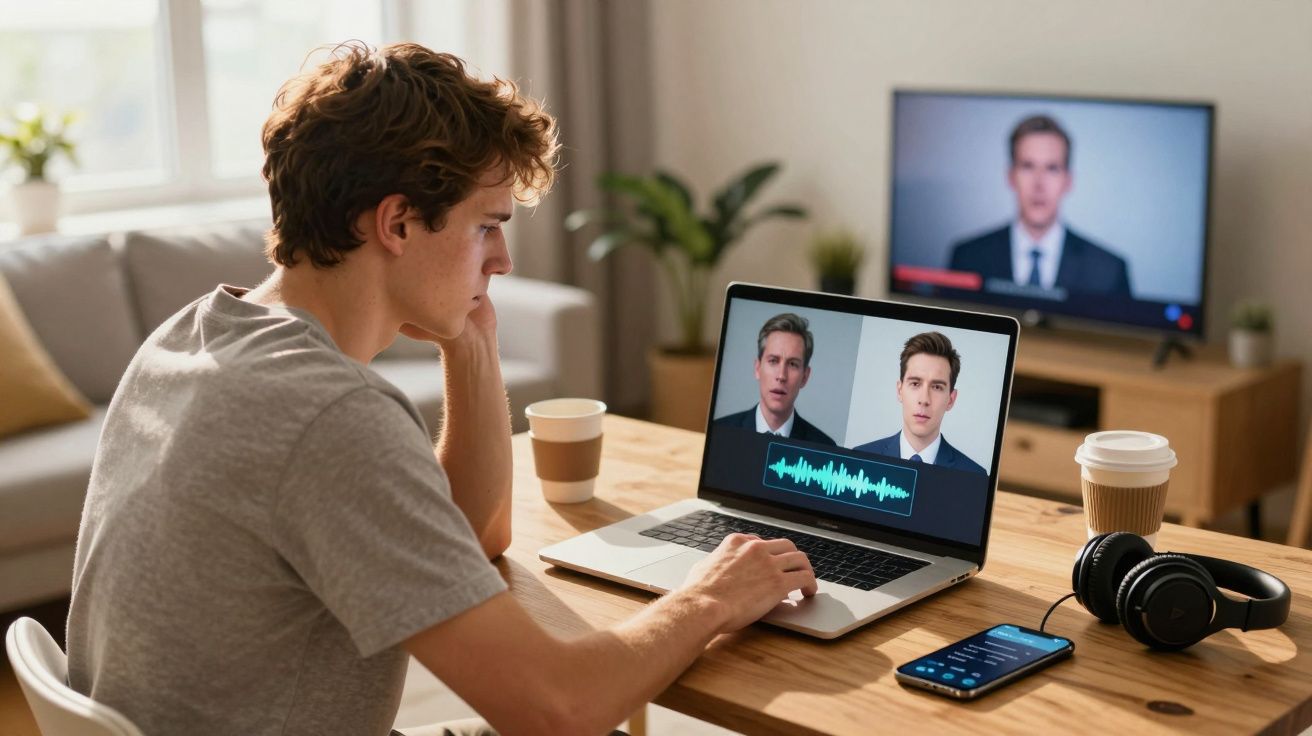 Jovem a trabalhar em edição de vídeo no computador numa sala com luz natural e TV ligada ao fundo.