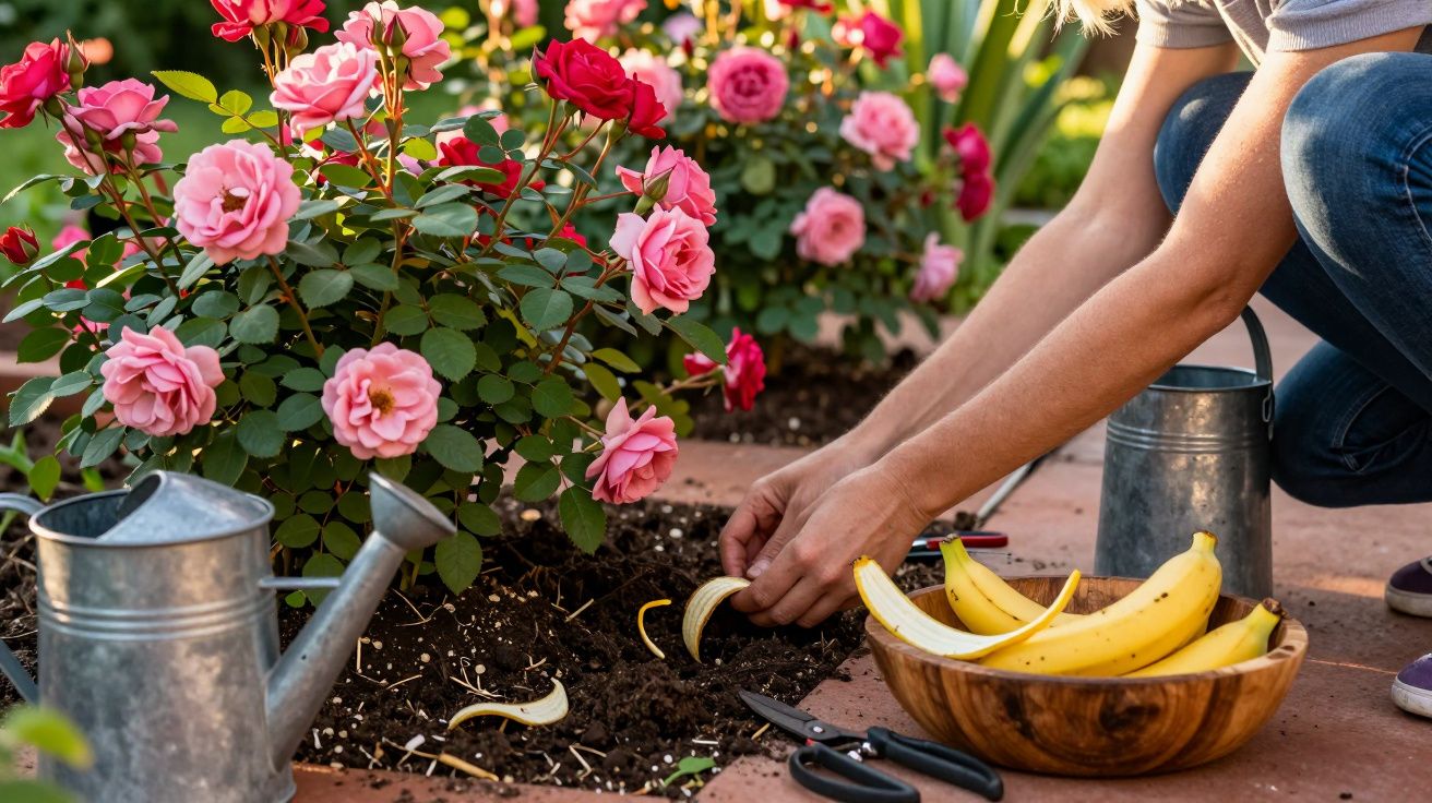Pessoa a fazer fertilizante caseiro para rosas com cascas de banana num jardim ensolarado.