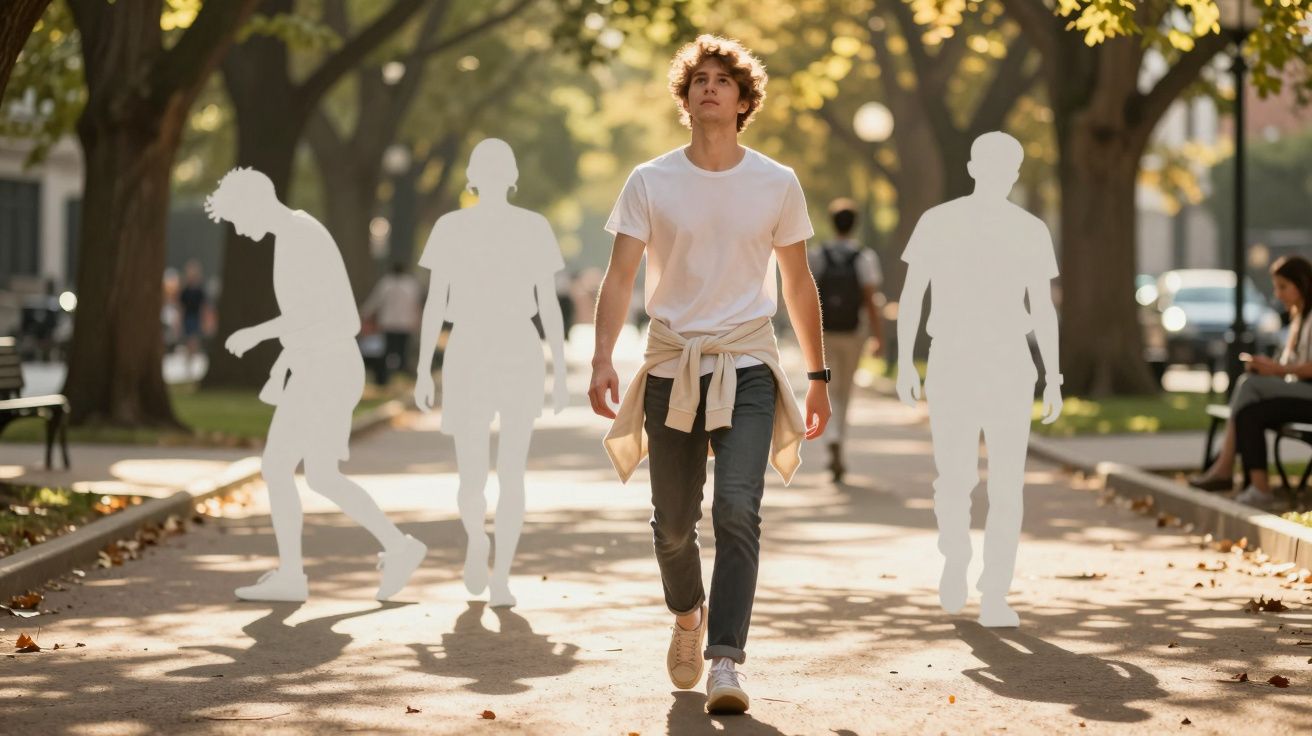 Jovem a caminhar num parque, rodeado por silhuetas brancas de pessoas em diferentes posturas.