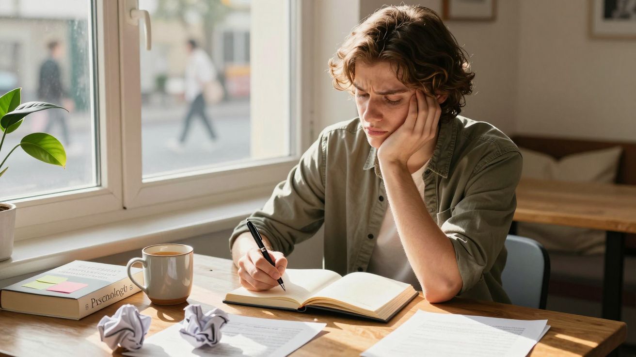 Jovem sentado a estudar com expressão pensativa, rodeado de livros, notas e uma caneca numa mesa junto à janela.