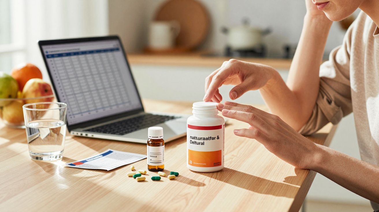 Pessoa a tirar comprimidos de frasco de suplemento na mesa com computador portátil e copo de água.