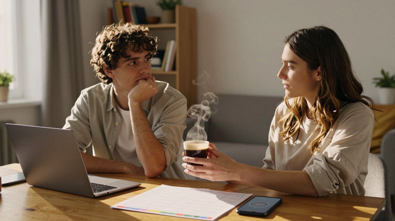 Dois jovens a conversar numa mesa com computador, calendário e uma chávena de café fumegante.