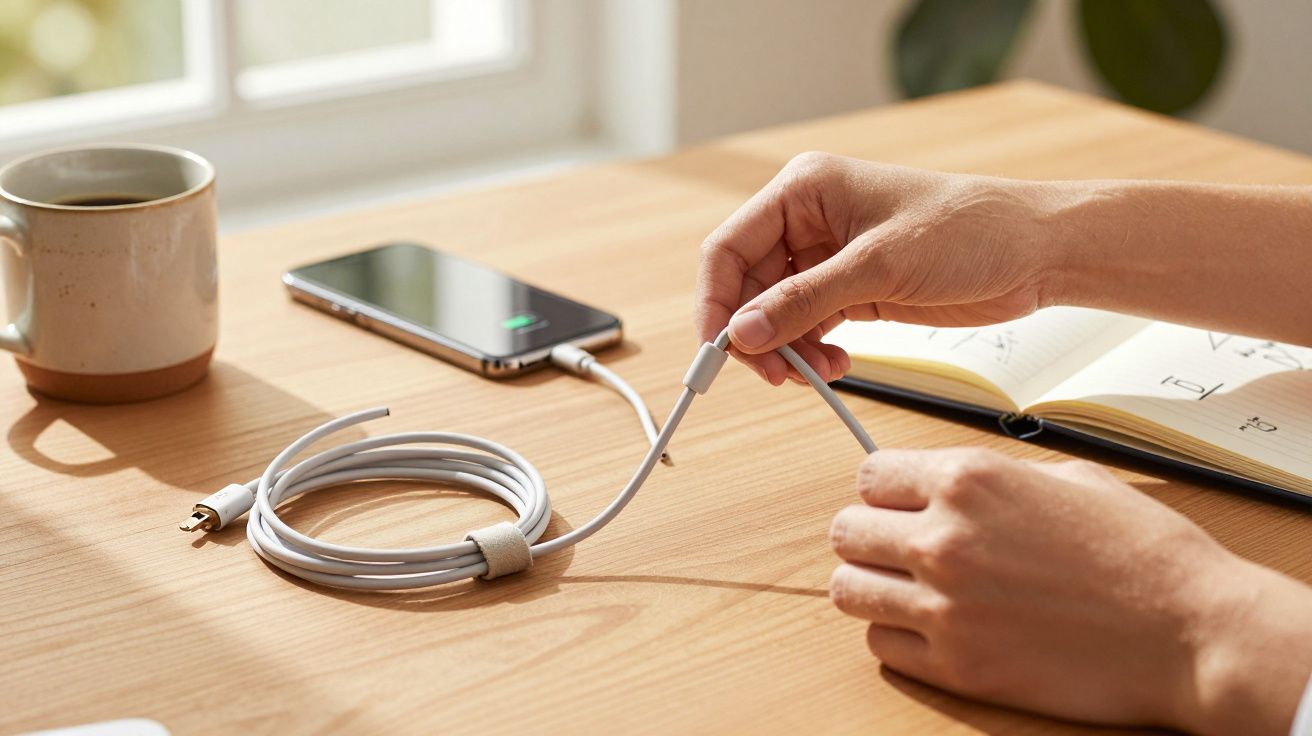 Mãos a ligar cabo de carregamento branco a smartphone numa mesa com caderno e chávena de café.