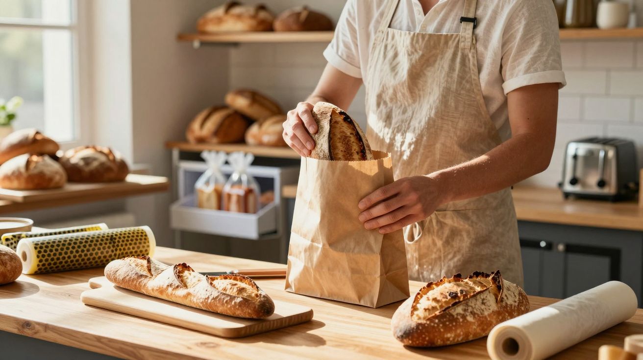 Pessoa a colocar pão acabado de cozer num saco de papel numa padaria com vários pães na bancada e prateleiras.
