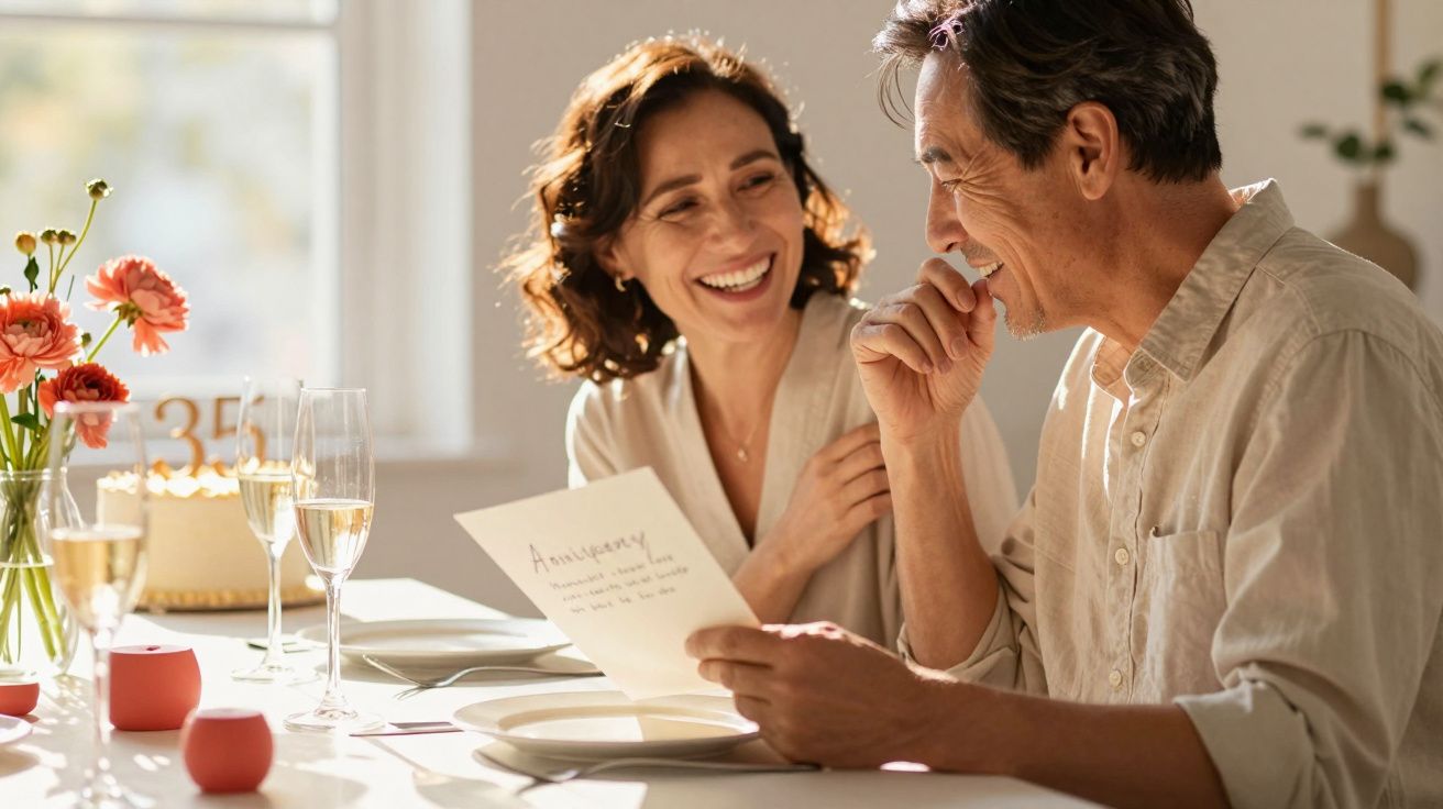 Casal feliz celebra 35º aniversário com cartão, bolo, flores e brindes numa mesa iluminada pela luz natural.
