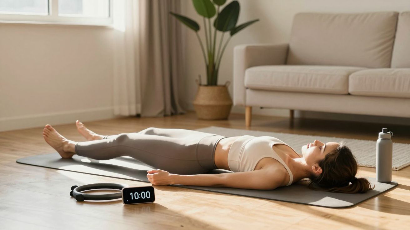 Mulher deitada em tapete de fitness a relaxar, com relógio digital a marcar 10:00 e acessórios de treino perto.