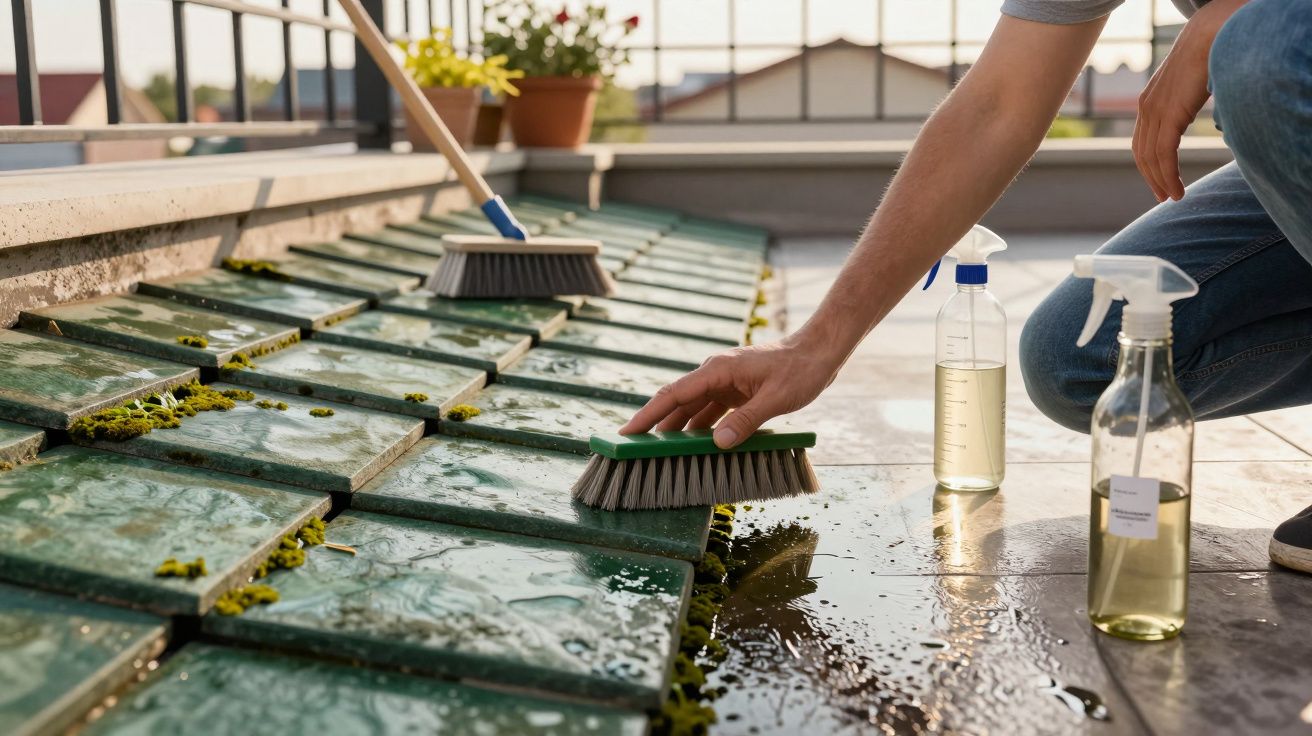 Pessoa a limpar telhado inclinado com escova e líquidos de limpeza, removendo musgo das telhas verdes.