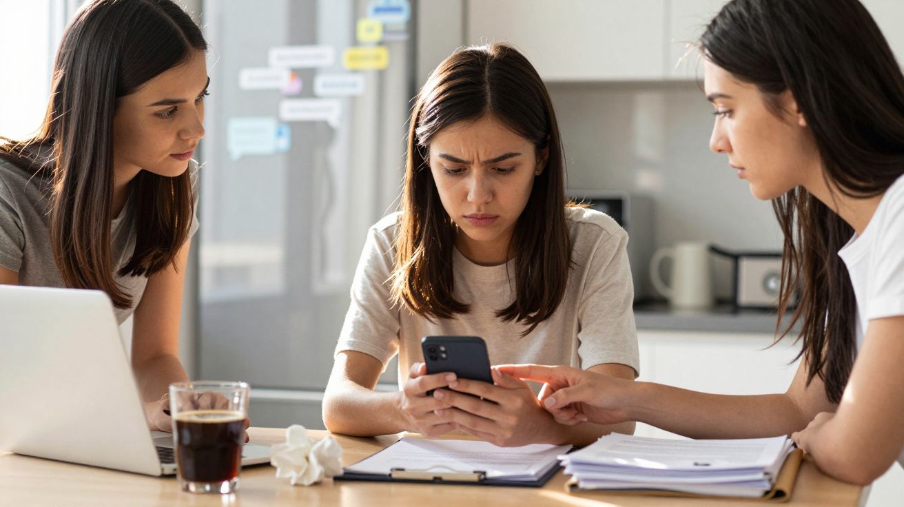 Três jovens a discutir preocupadas enquanto uma delas olha para o telemóvel numa mesa de trabalho.