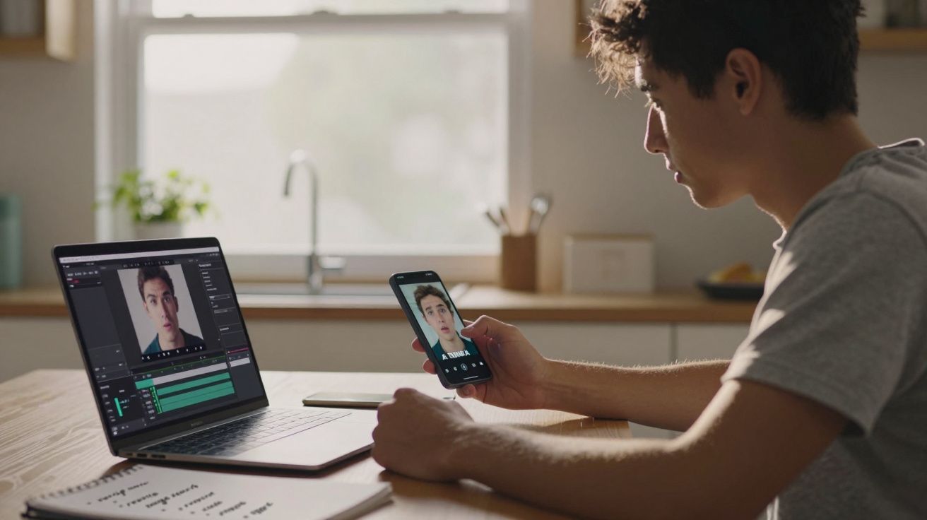 Jovem a editar vídeo no portátil enquanto vê o mesmo vídeo no telemóvel numa cozinha iluminada pela luz natural.