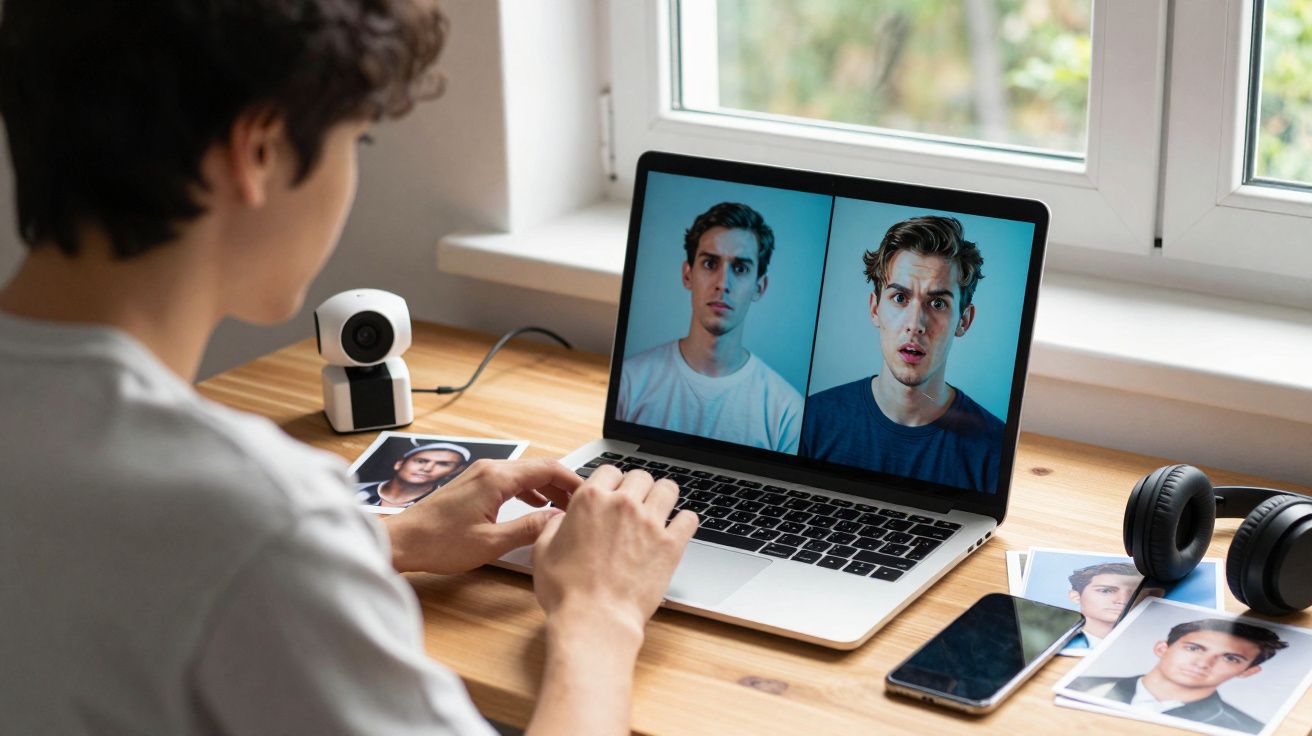 Pessoa sentada à mesa a analisar duas fotografias digitais de rostos num portátil, com fotos impressas à volta.