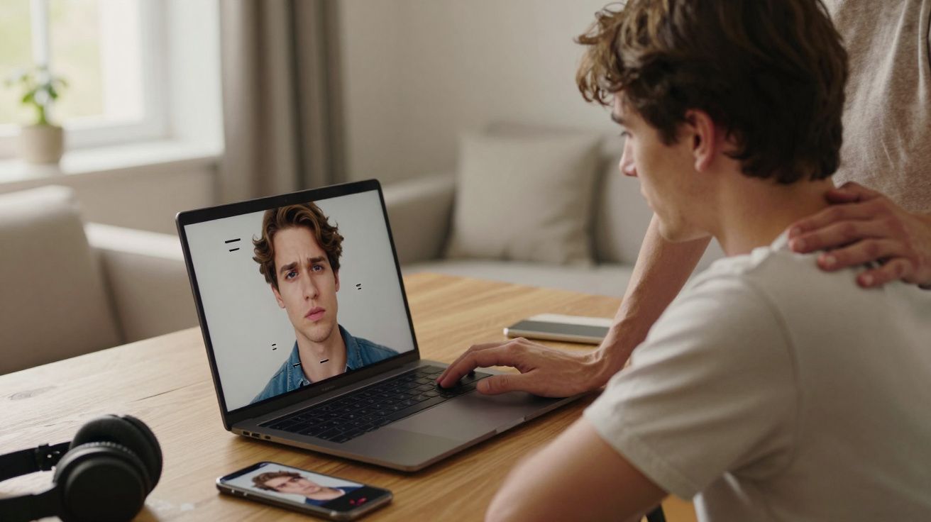 Homem sentado à mesa a usar computador portátil com vídeo de outro homem na tela, telefone e auscultadores à frente.